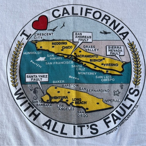 Vintage I Love California Earthquake Faults T-Shirt Screen Stars Single Stitch L - Picture 3 of 9